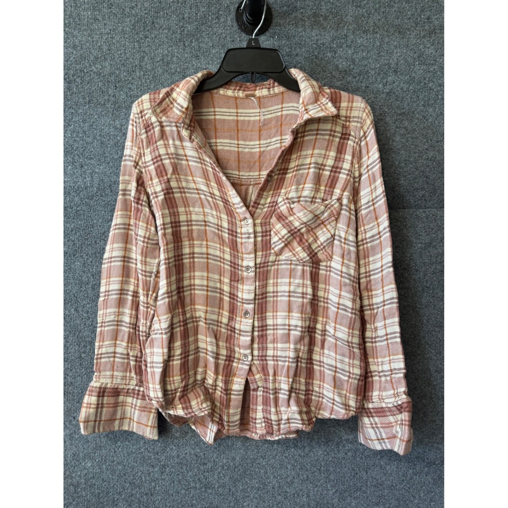 Free People Plaid Button Down Shirt Womens Medium Tan Brown Long Sleeve Boho